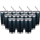 COMOOO 20oz Double Wall Vacuum Insulated Travel Mug Bulk Stainless Steel Tumbler with Lid and Straw Durable Powder Coated Insulated Coffee Cup for Cold & Hot Drinks (Peacock blue, 12 pack