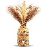 ZENS Rattan Boho Vase, Hand Woven Wicker Cover Glass Flower Vases for Pampas Grass, Artistic Boho Style Country Vase for Fall Flower Decor, Home Table Centerpiece, Farmhouse Decorative