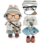 KAPAND for Labubu17cm Doll Clothes, for Labubu Outfits, Cute Little Bear 6 Piece with Accessorie, Striped Hat, Glasses, Shirt with Bear Design, Jeans, Bag and Shoes