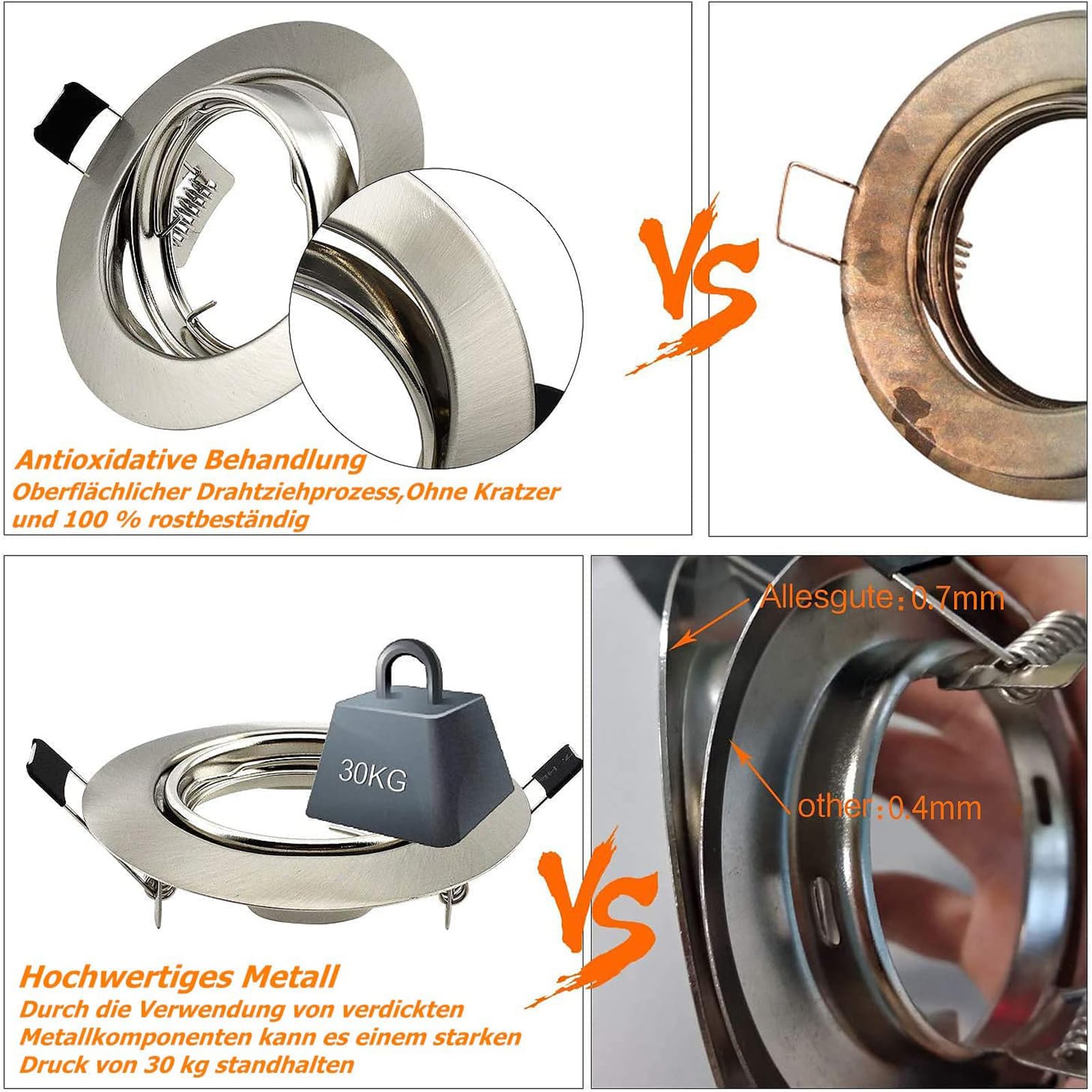 10er LED Einbaustrahler GU10 Set Einbaurahmen Rund Einbauleuchten 68mm Deckenspots Edelstahl Gebürstet Optik Inkl. GU10 Fassung für LED oder Halogen Leuchtmittel, 30° Schwenkbar 4