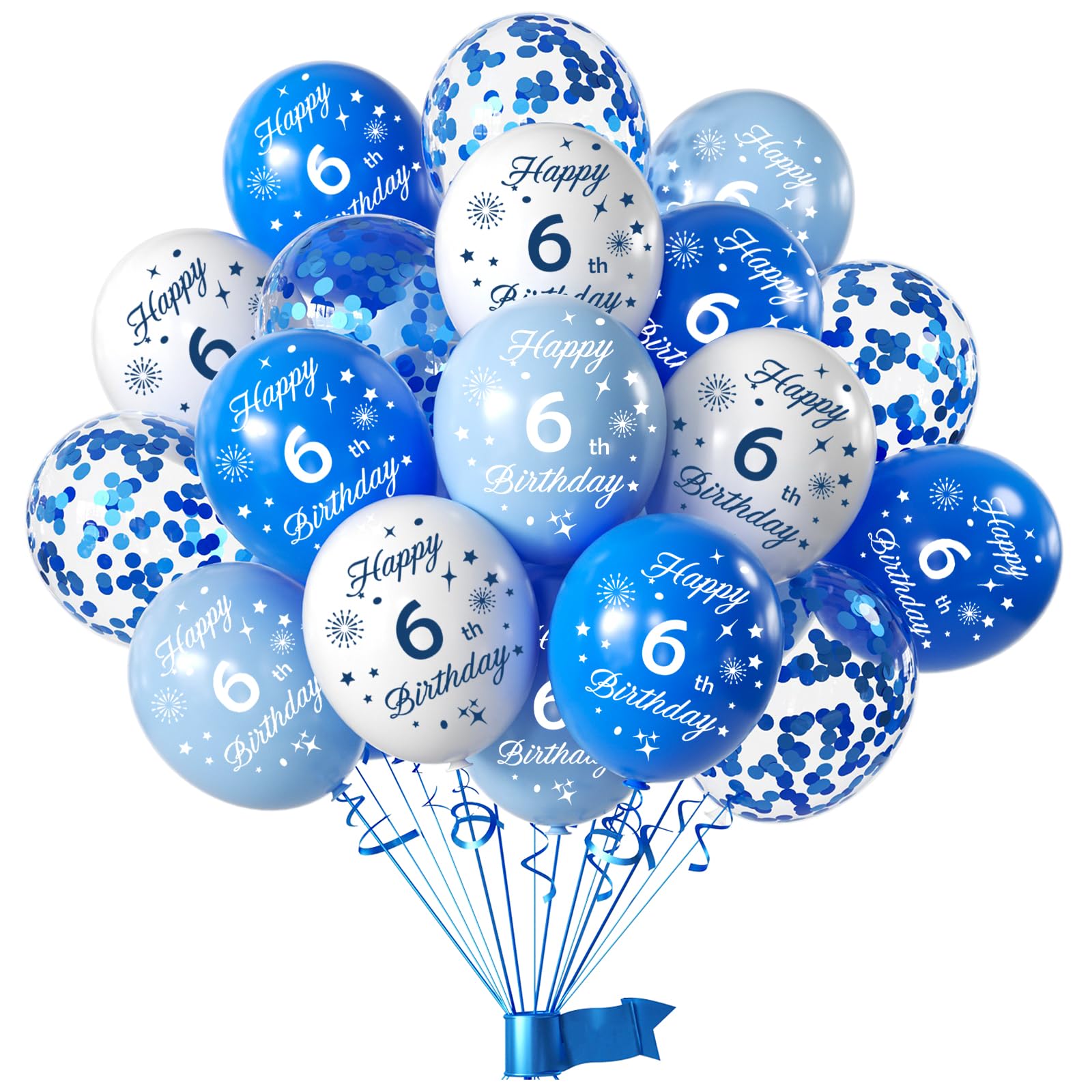Blue 6th Birthday Balloons for Boys Girls 6th Birthday Party Decorations, 12inch 16pcs Blue White Happy 6th Birthday Balloons, Party Balloons Confetti Balloons for Boys Girls Theme Party Deocorations