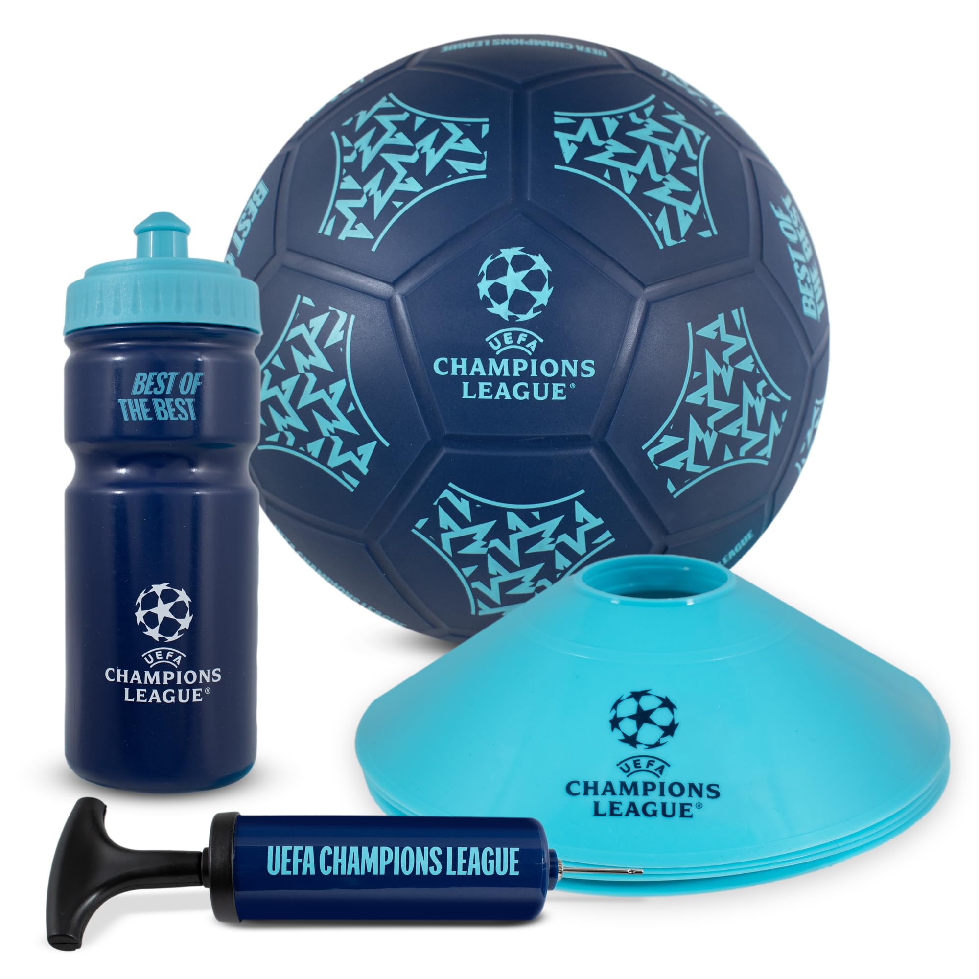 Hy-Pro Officially Licensed UEFA Champions League Street Ball Set - UCL, Size 5 Playground Soft Ball, Pump, 500ml Reusable Plastic Bottle, 4 Cones, Merchandise, Gift Set