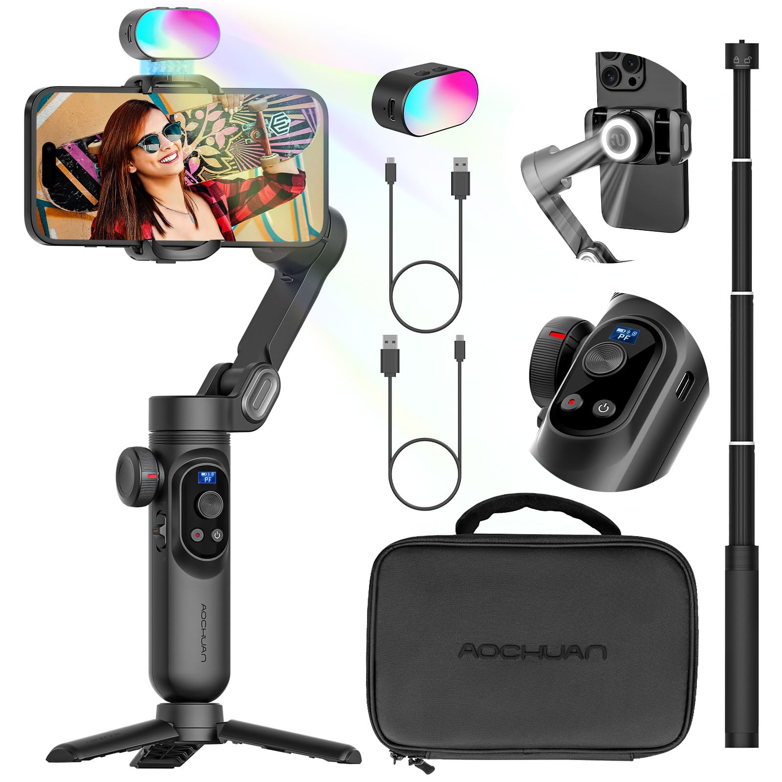 AOCHUAN Professional 3-Axis Gimbal Stabilizer for Smartphone w/RGB Fill Light Extension Rod OLED Display Wireless Charging for iPhone 15 14 13 Pro/Max Galaxy S22 TikTok YouTube (Smart X Pro Combo1)