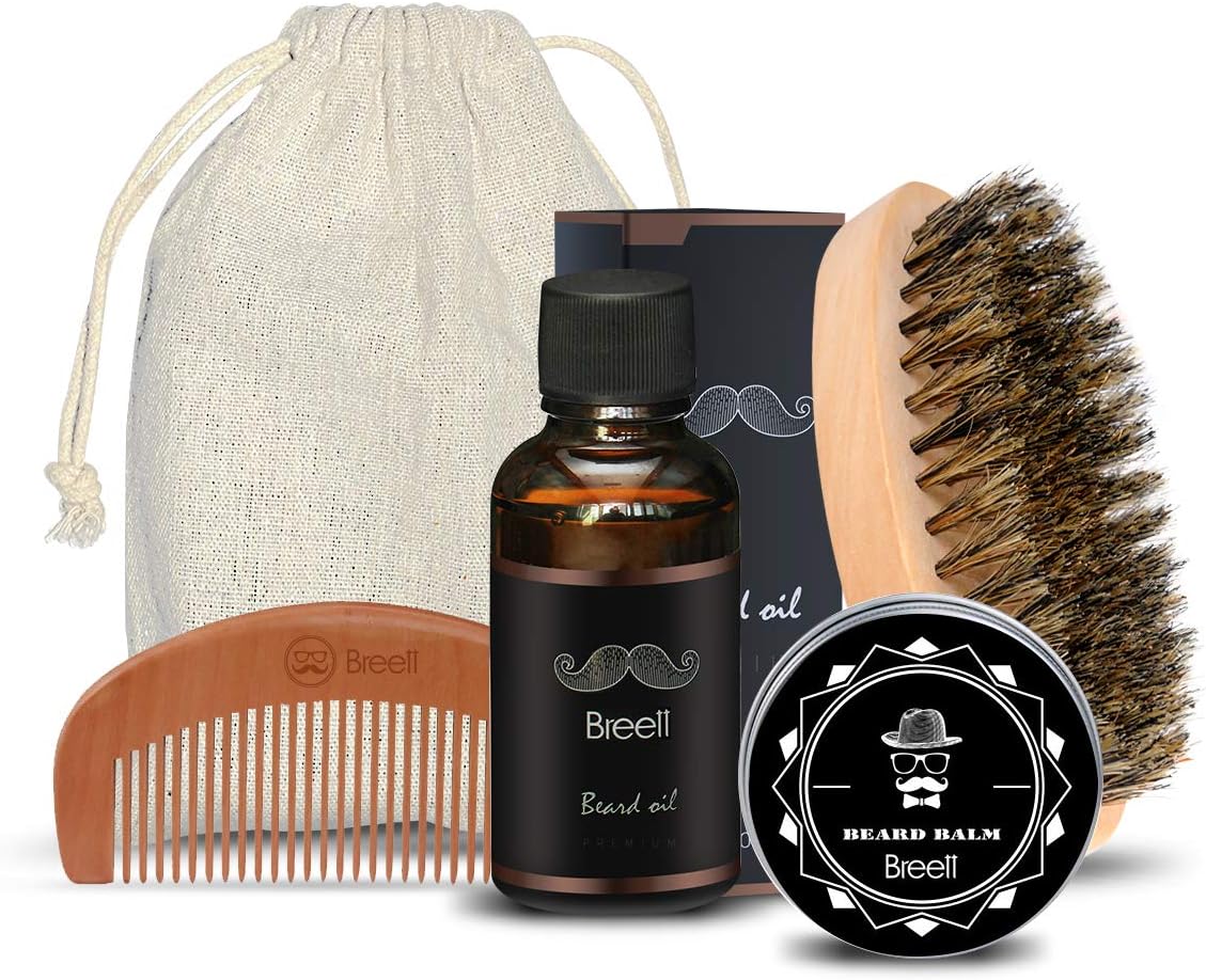 Beard Care Kit, Breett Beard Oil Set Men Beard Comb Brush Beard Oil and Beard Balms for Beard Grooming Styling and Mustache Growth, Men's Gift Set