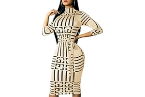 SXCLUB Women Sexy Dresses Bodycon Church 3/4 Sleeve African Print Pencil Party Office Dress Work with Split