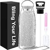 Bling Water Bottle Rhinestone,Diamond Water Bottle,Glitter Rhinestones Stainless Steel Thermal Bottle,Bling Cup for Women Girls,Bling Tumblers with 2 Style lids and 55in Chain (Silver)