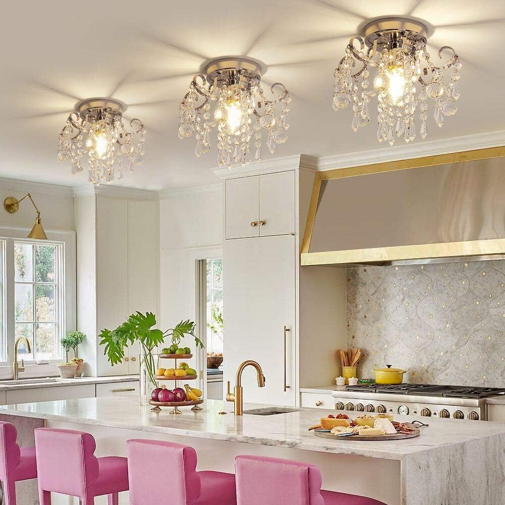 Q&S Mini Crystal Chandelier, Small Chandelier Ceiling Lights, Modern Chrome Flush Mount Ceiling Light Fixture for Hallway, Entryway, Bedroom, Foyer, Bathroom, Kitchen, W9.5",1 Light E12.: Home Improvement