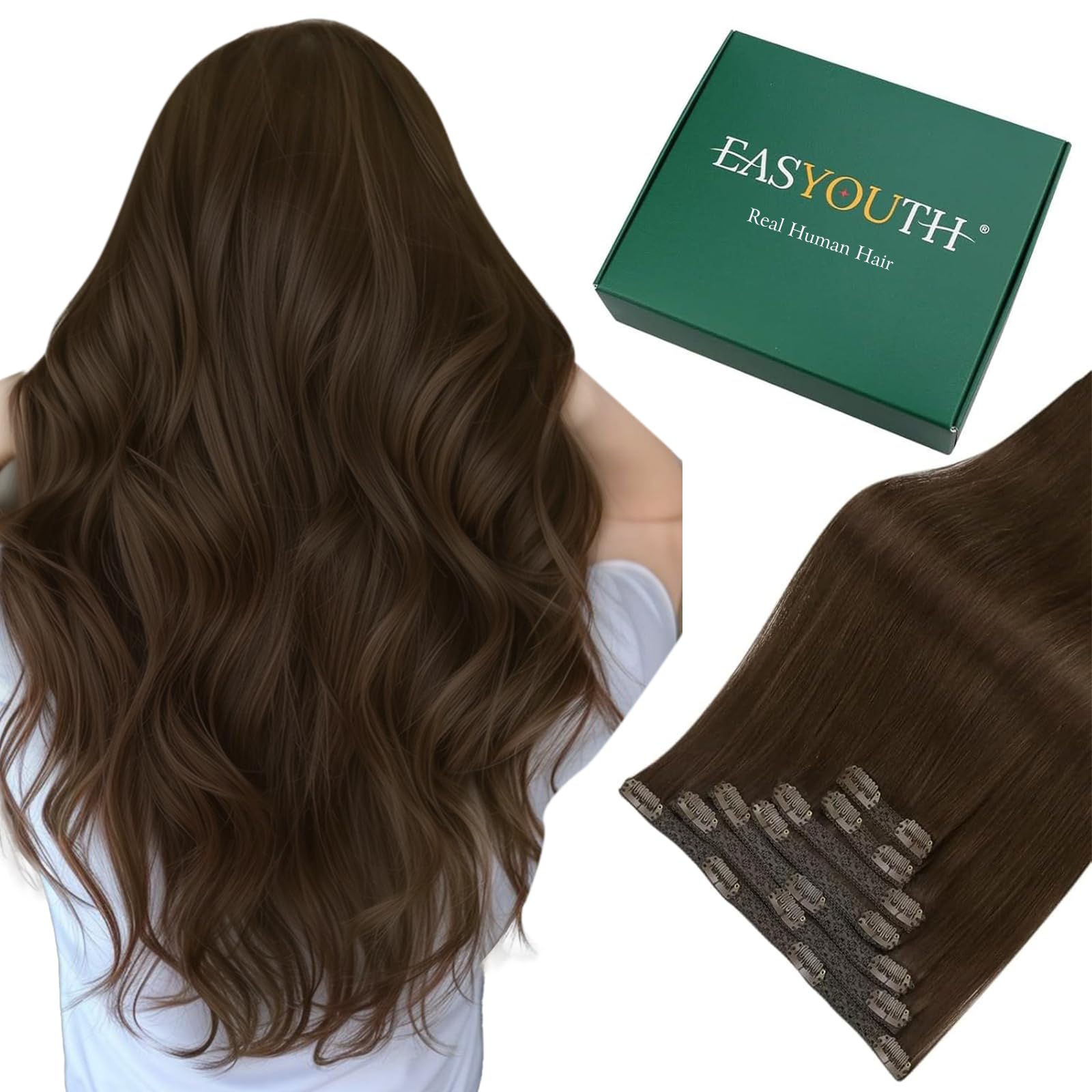 Easyouth Clip in Hair Extensions Real Human Hair Brown Clips in Human Hair Extension Darkest Brown Hair Extensions Clip ins Real Hair Thick End for Women 2 Inch 70g 7Pcs #2