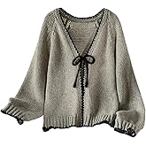 WDIRARA Women's Plus Size Bow Cardigan Sweaters V Neck Long Sleeve Knit Outerwear