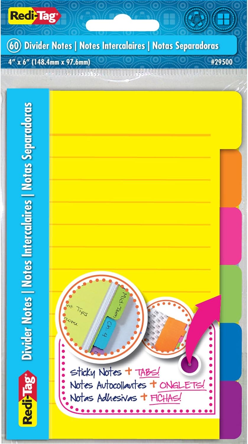 Redi-Tag Divider Sticky Notes, Tabbed Self-Stick Lined Note Pad, 60 Ruled Notes, 4 x 6 Inches, Assorted Neon Colors (29500) : Sticky Note Pads : Office Products