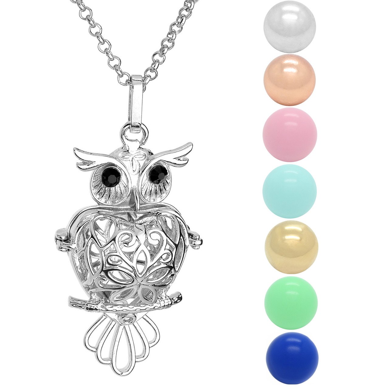 Jovivi Bijoux Collier Pendentif Ouvrir Ciselé Grossesse Forme Hibou Ciselé Avec Chaine Argent + 7PCS Grelots Plusieurs Couleurs Boule Ronde 16mm