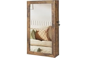 SONGMICS Lockable Jewelry Cabinet Armoire with Mirror, Wall-Mounted Space Saving Jewelry Storage Organizer, Rustic Brown UJJC051K01
