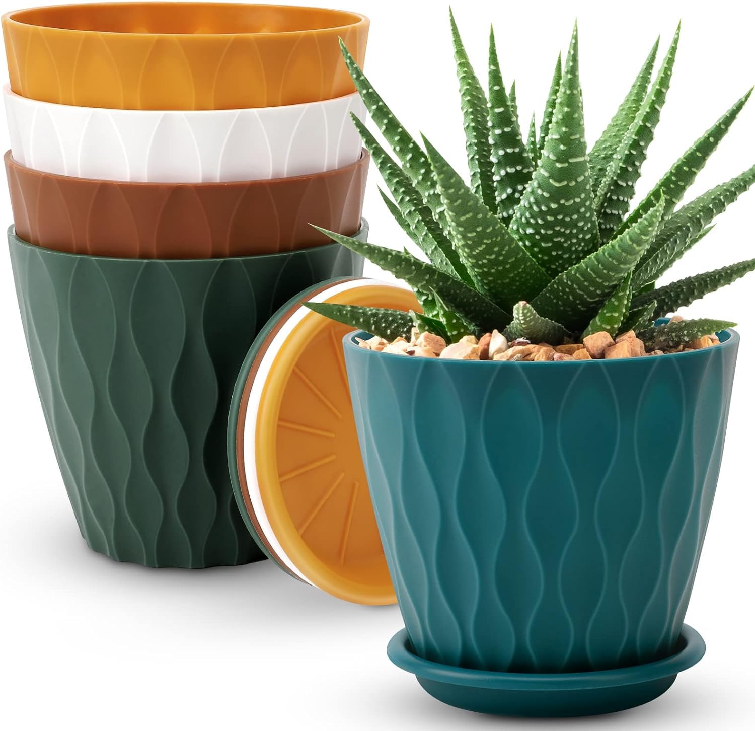 YNNICO 6 inch Plant Pots, 5 Pack Flower Pots Outdoor Indoor, Planters with Drainage Holes and Tray Saucers