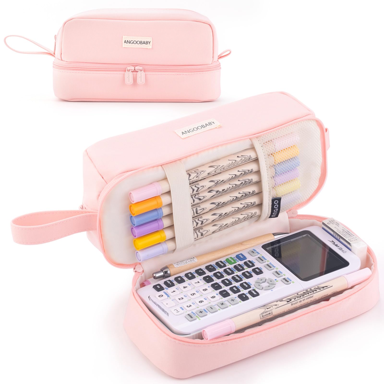 ANGOOBABY Big Capacity Large Pencil Case Canvas Pen Pouch Bag with 2 Compartments for Girls Boys Teen School Students Adults - Pink