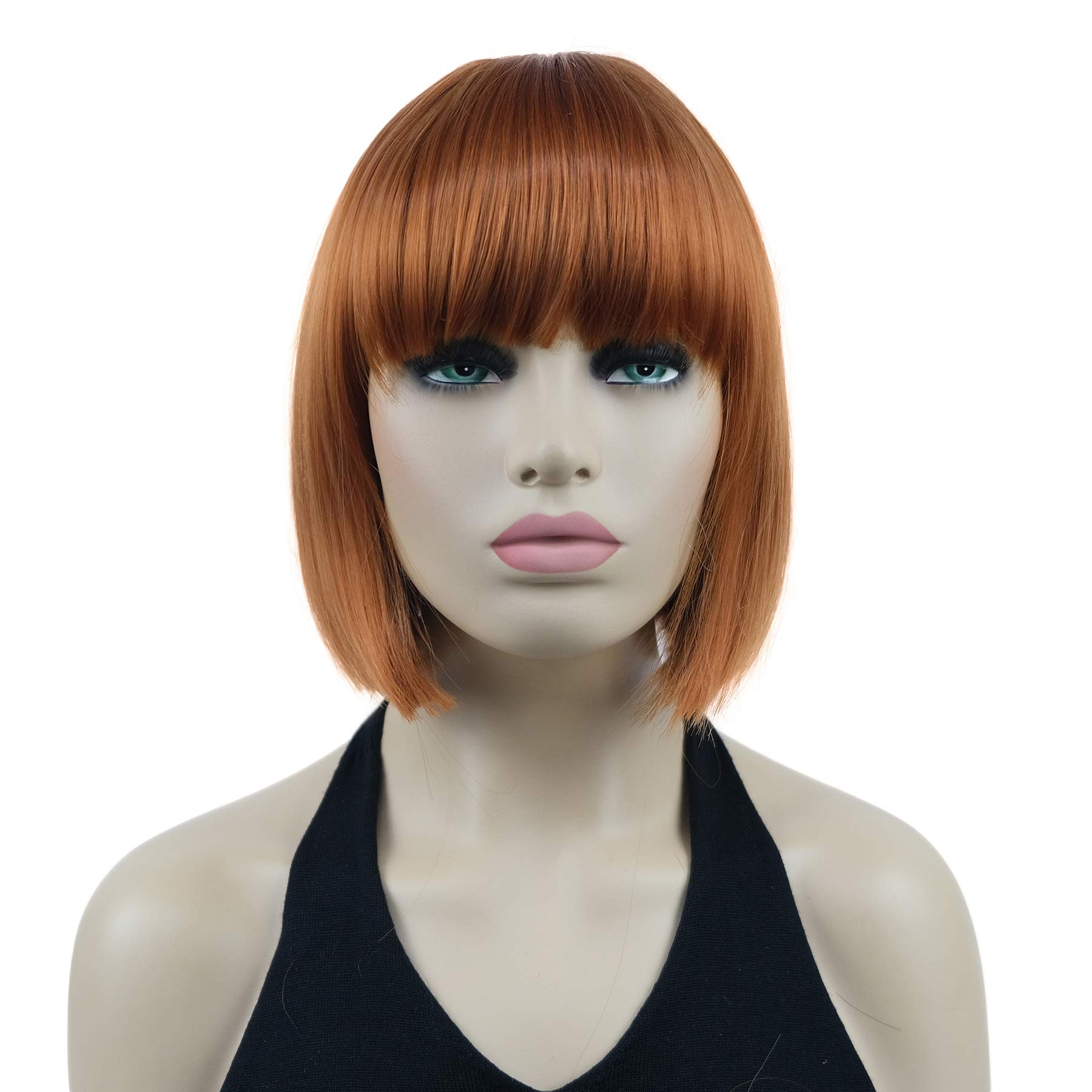 Lydell 8" Short Bob Hair Flat Bangs Cute Central Dot Skin Top Heat Resistant Synthetic Wigs (130A Fox Red)