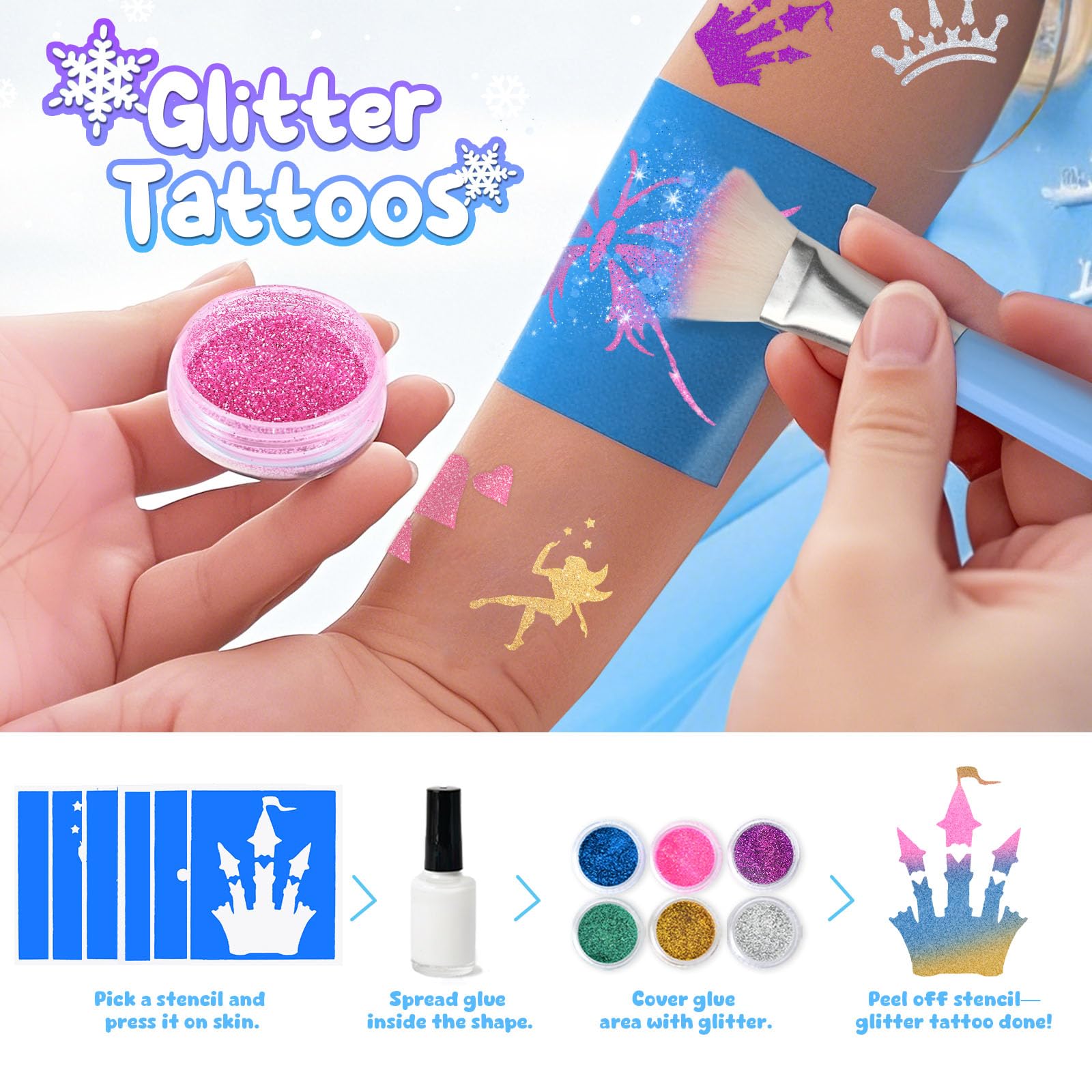 G.C ELSA Spielzeug Geschenke für Mädchen 4 5 6 7 8 Jahre, Kinderschminke Set mit Nageltrockner Peel-Off Nagellack Glitzer Tattoo, Eiskönigin Schminkkoffer Nagelstudio Rollenspiel Spielzeug Mädchen 6