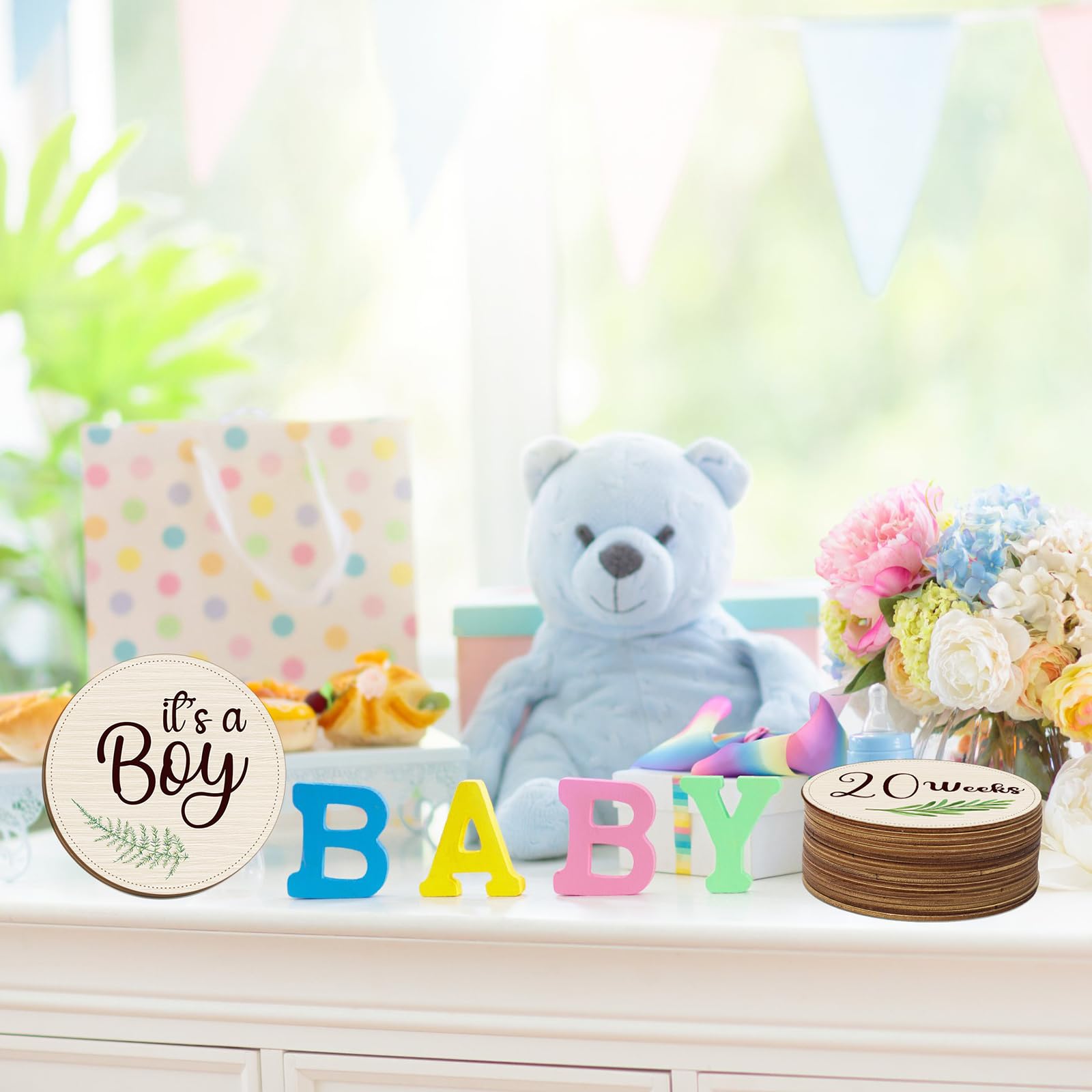 18 Pcs Wooden Pregnancy Week Signs for 8-40 Weeks Pregnancy Milestone Tracker Discs Neutral Baby Announcement Cards Double Sided with Bag for Pregnant Moms