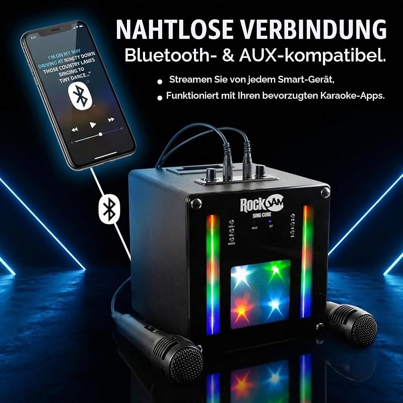 Singcube 5-Watt Rechargeable Bluetooth Karaoke Machine with Two Microphones, Voice Changing Effects & LED Lights