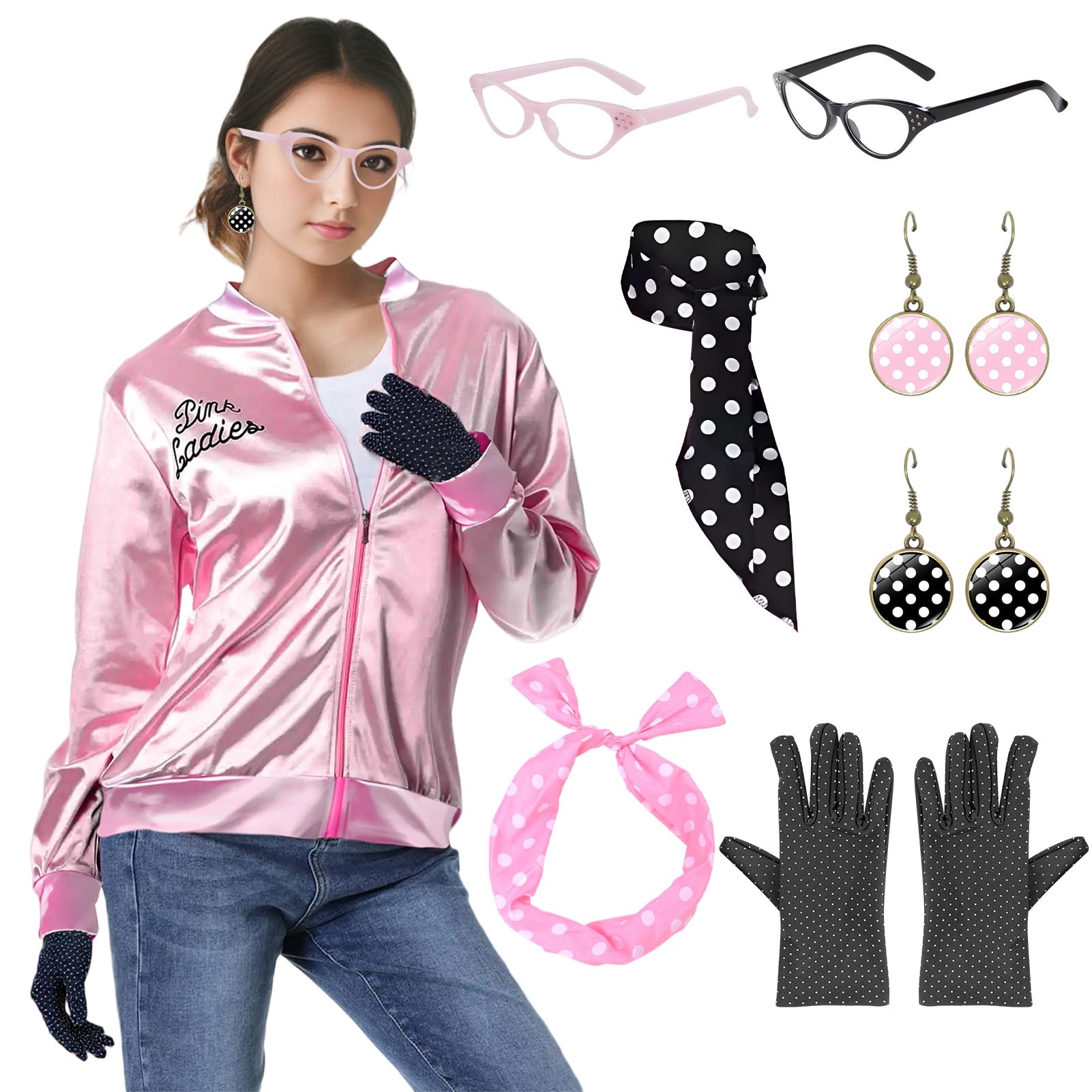 Suffolly Pink Lady Jacket 50s Pink Ladies Grease Outfit with Accessories Earrings Glasses Scarf Headband 1950s Costume Set Fancy Dress for Women Halloween 90S 80s Party(Suit A, M)