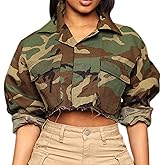 Voghtic Camo Coat for Women Lapel Neck Button Down Camouflage Cropped Jackets Tops with Multi Cargo Pockets