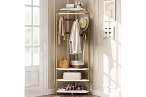GarveeHome Corner Coat Rack with Shoe Bench, 12 Double Hook Wall Mounted Hall Tree for Entryway, Space Saving Storage Organiz