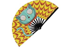 GloFX Folding Fan - Trippy Kitty - Large Rave Clack Folding Hand Fan for Men/Women - for EDM, Music Festival, Club, Event, Party, Dance, Performance, Decoration, Gift