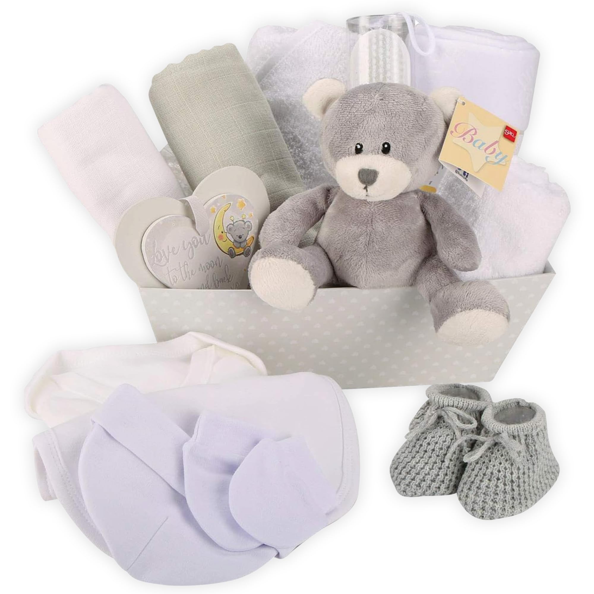 Baby Box Shop Unisex Baby Gift Hamper – 17 Essentials for Newborns | Baby Shower, Gender Reveal & Christening Gift with Plush Grey Teddy
