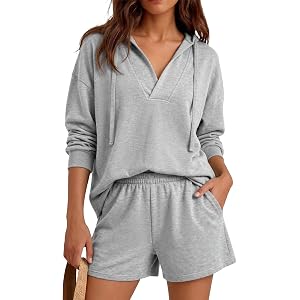 Fisoew Womens 2 Piece Lounge Matching Sets Hoodies and Shorts Sweatsuits | Long Sleeve, V Neck, Two Piece, Oversized, Pullove