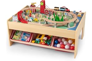 KOTEK Train Table, 94-Piece Wooden Toy Activity Playset w/3 Storage Bins, Reversible Top, Helicopter, Vehicles, Sailboats, Br