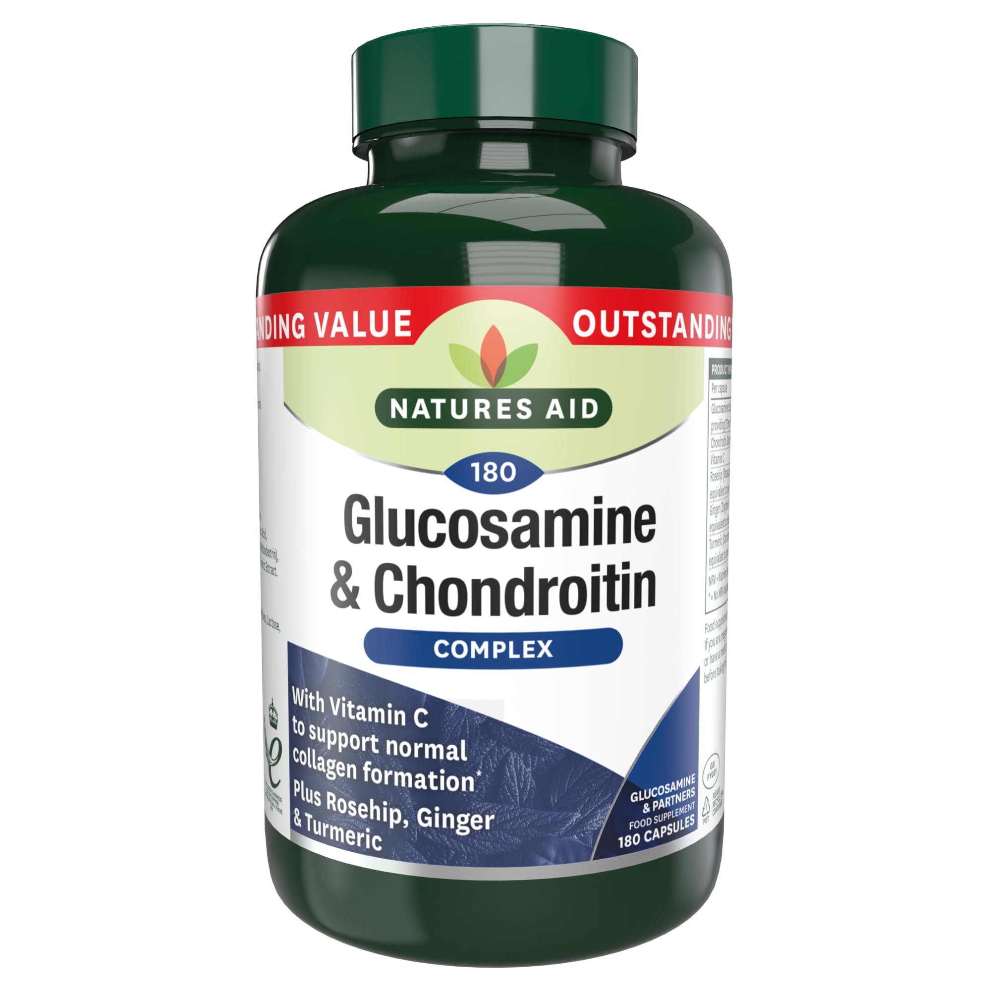 Natures Aid Glucosamine and Chondroitin Complex, with Vitamin C, Rosehip, Ginger and Turmeric, 180 Capsules