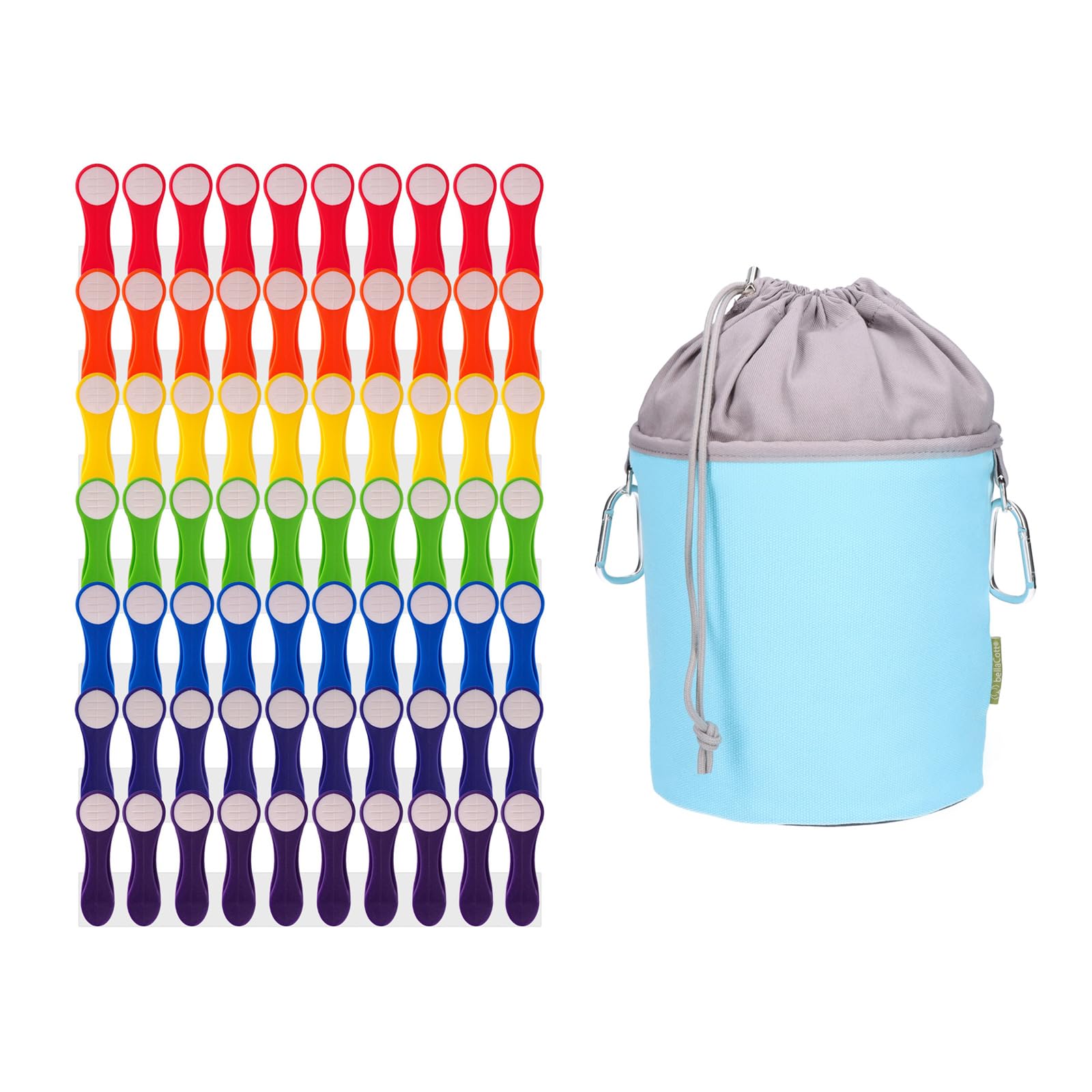 trendfinding 70 Rainbow Clothes Pegs Colourful White with Stainless Steel Feathers and Soft Grip 1 Canvas Clothes Peg Bag Light Blue Grey