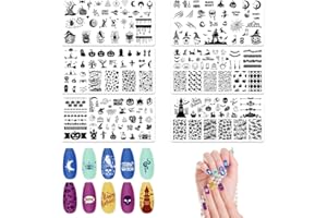 ALIBBON 6 Pcs Halloween Nail Stamping Plates Set, Ghost Pumpkin Background Nail Art Stamp Templates, Cat Spider Web Stamp Templates Kit, Castle Grave Metal Nail Plates for DIY Printing Decor