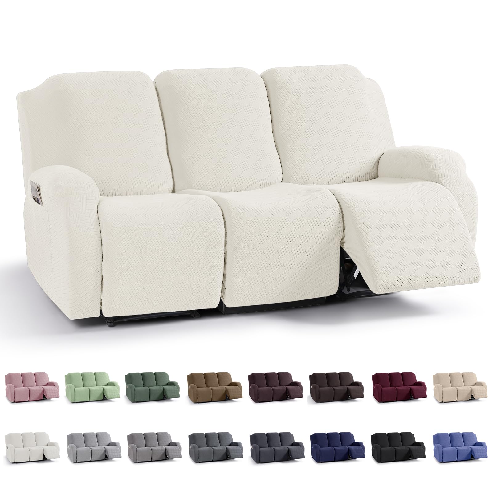 Photo 1 of KinCam Recliner Covers, Stretch Reclining Chair Covers, Recliner Sofa Slipcovers Stripe Jacquard Recliner Couch Covers Furniture Protector Covers for Pet Kid (3 Seater, Cream)