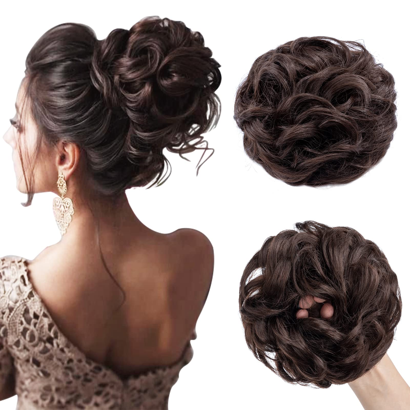 Curly Synthetic Hair Buns with Messy Strokes, Elastic Hair Piece in Bleach Blonde, Ideal for a Natural, Casual Look, Brown
