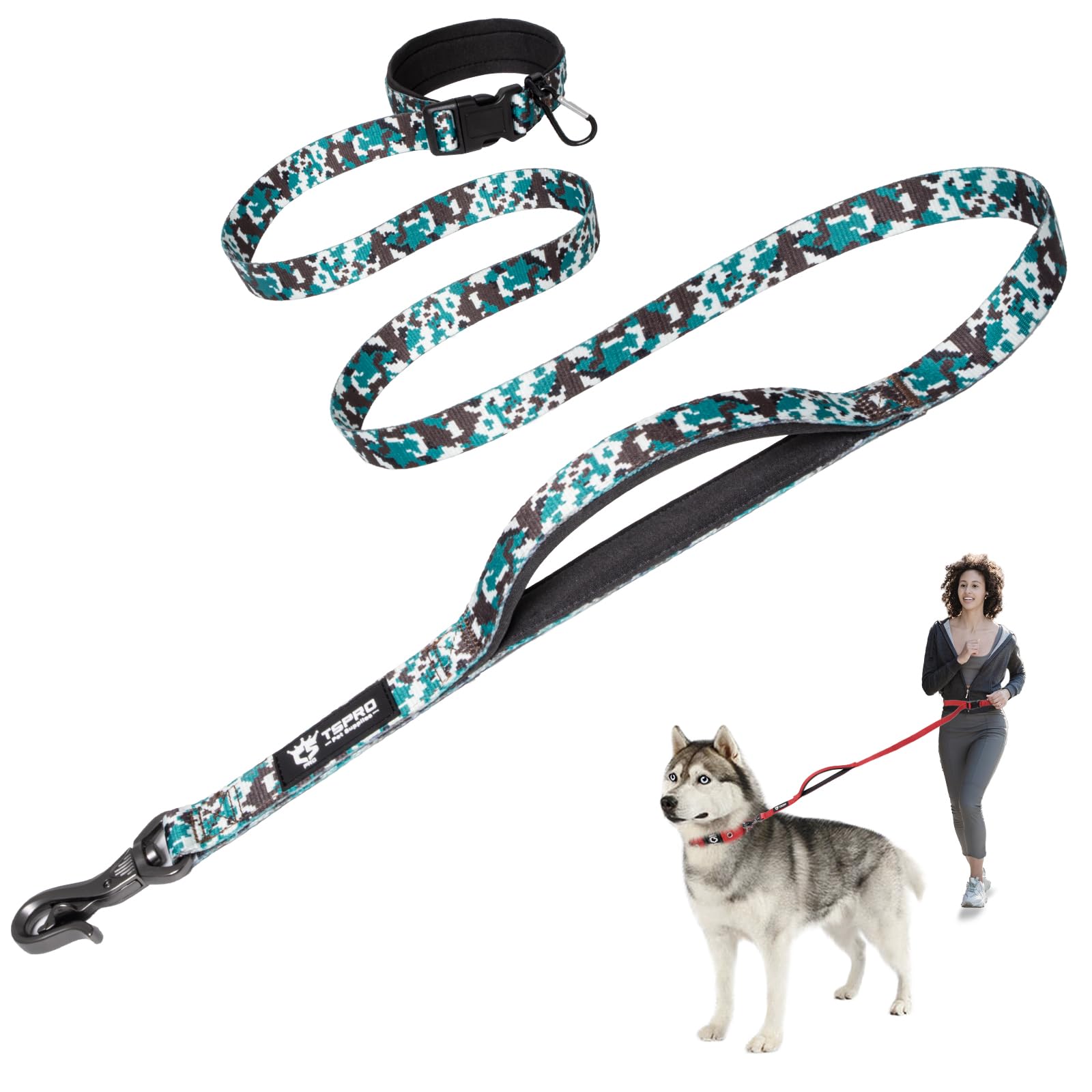 TSPRO Hands Free Dog Lead with Padded Handle & Safety Metal Buckle, Adjustable Durable Lead for Walking & Running, Medium to Large Dogs (Camo Cyan)
