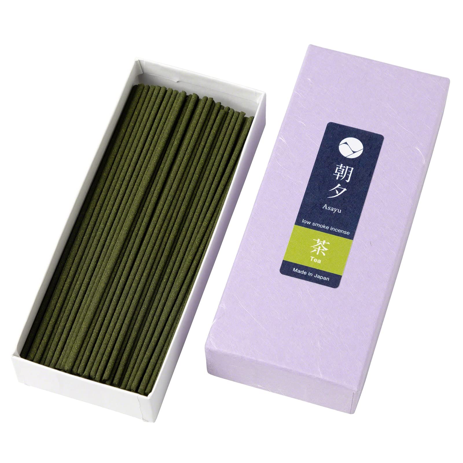 Asayu Japan Low Smoke Green Tea Incense Sticks - ca. 80 sticks, 40gr - Made in Japan - Matcha Green Tea Incense for Morning Energy, Yoga, Meditation. Smokeless Incense with Less Irritation