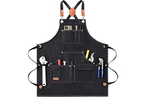AFUN Work Aprons for Men with Large Pockets, Cotton Canvas Cross Back Heavy Duty Adjustable Tool Apron, Size M to XXL (Black)