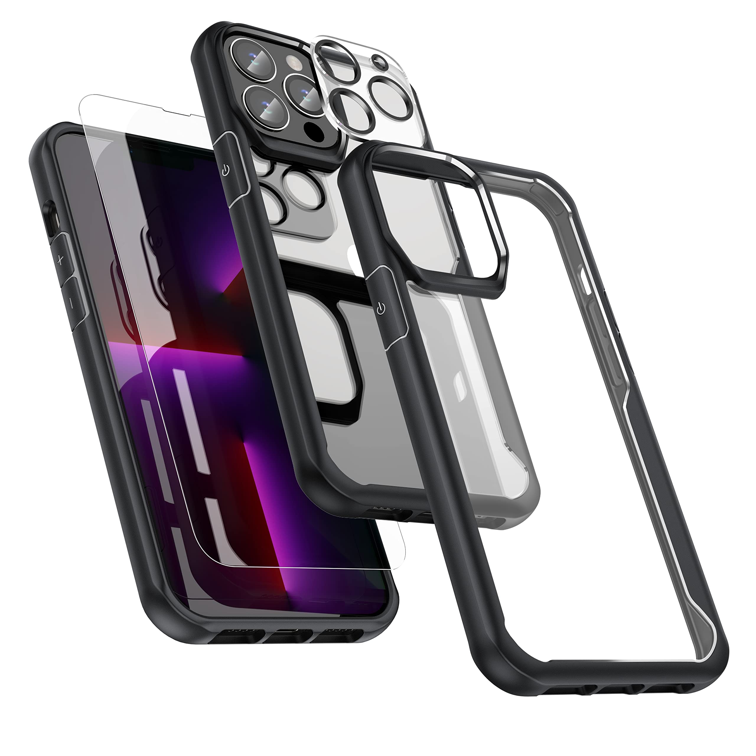 ORETECH Compatible with iPhone 13 Pro Max Case, [2 x 9H Tempered Glass Screen Protector & 1 x Camera Lens Protector] Transparent Ultra Thin Soft TPU Hard PC Hybrid Case - Black — image 1