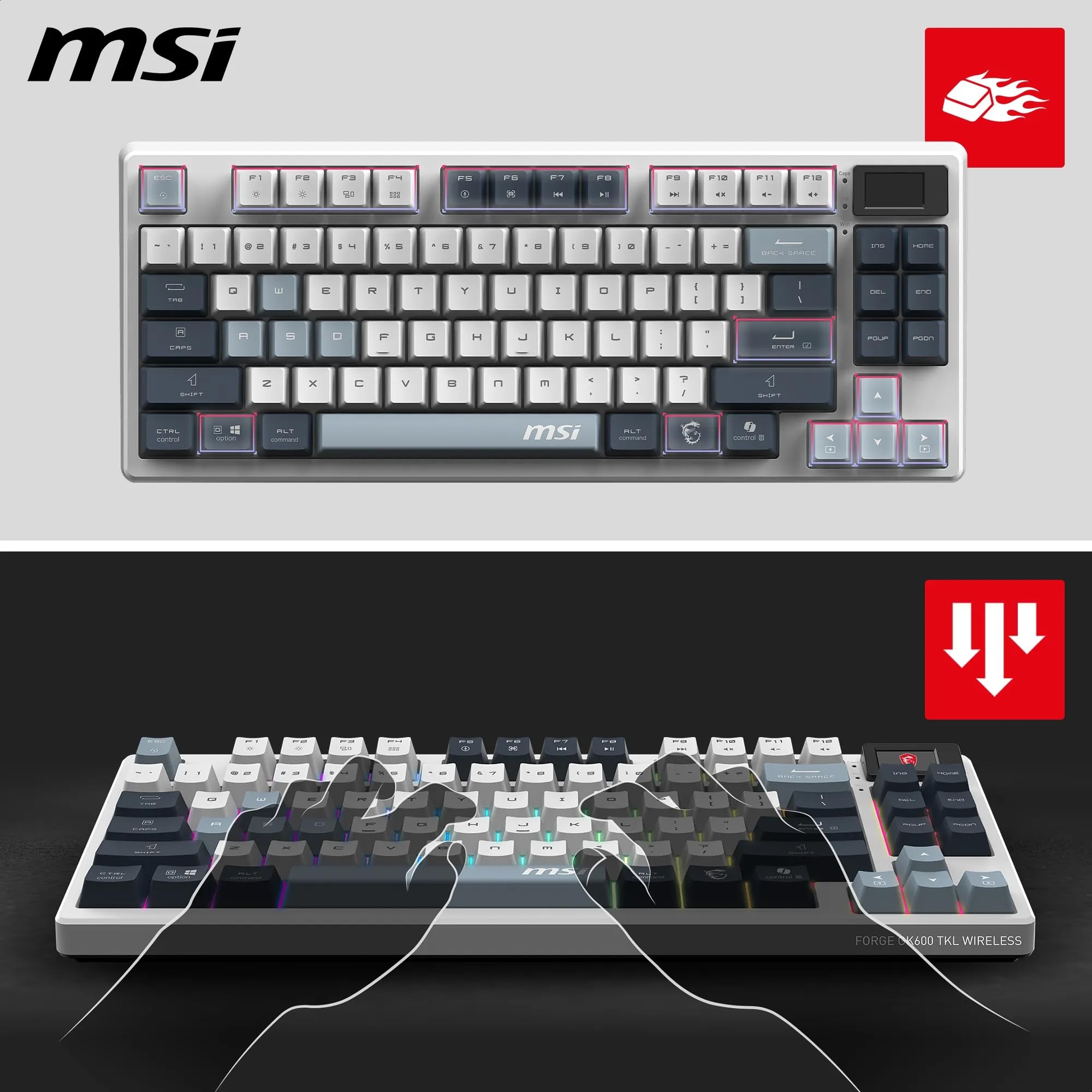 MSI Forge GK600 TKL Wireless Sky QWERTZ, DE Layout – MECHANISCHE LINEARE SWITCHES – PBT-Tastenkappen mit Farbsublimationsdruck, rutschfeste Unterseite, RGB-LED, Bluetooth, 2,4 GHz – ohne Ziffernblock 3