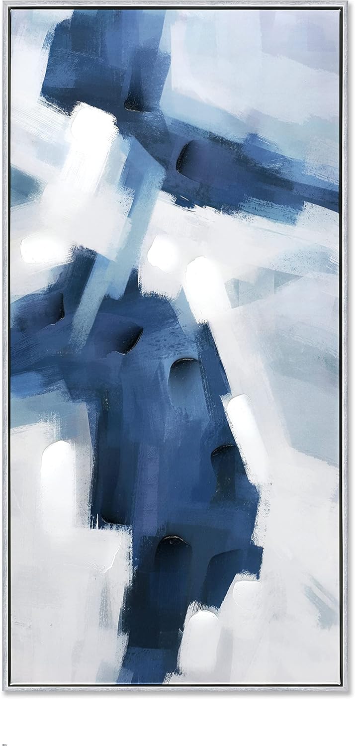 Paintings - Sofoney - Silver Framed Blue White Abstract Canvas Wall Art Prints with 3D Hand-painted Texture - Large 20x40inch Modern Oil Painting for Living Room Bedroom Home Decor