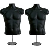 DisplayTown Male Mannequin Torso with Metal Stand, Black (Set of 2) | Hollow back body stackable dress form for t-shirt display, countertop, craft shows. S-M size clothing form.