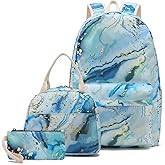 Pawsky Waterproof School Backpack Set Fits 14" Laptop Backpack Daypack College School Bookbag with Lunch Box and Pencil Case (marble-blue)