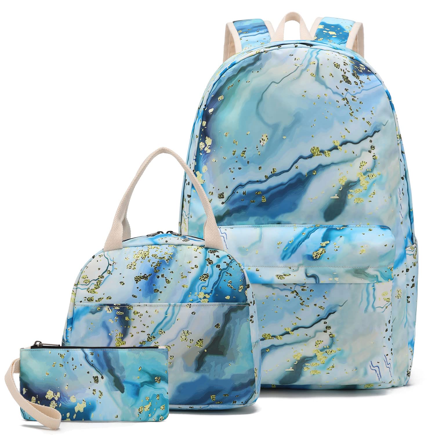 Photo 1 of Pawsky Waterproof School Backpack Set Fits 14" Laptop Backpack Daypack College School Bookbag with Lunch Box and Pencil Case (marble-blue)