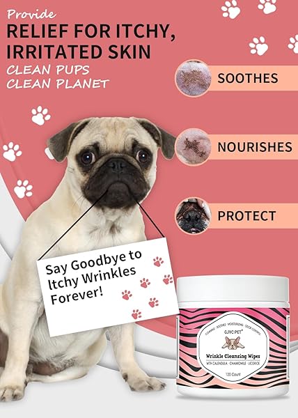 NATURAL WRINKLE WIPES FOR DOGS, 120 COUNT, HYPOALLERGENIC DOG WIPES, WRINKLE WIPES FRENCH BULLDOG, CLEANING & DEODORIZING, DOG WIPES FOR GROOMING FACES, PAWS & BUTTS