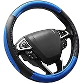 SEG Direct Car Steering Wheel Cover Universal Standard Size 14.5-15 inch, Black and Blue Microfiber Leather