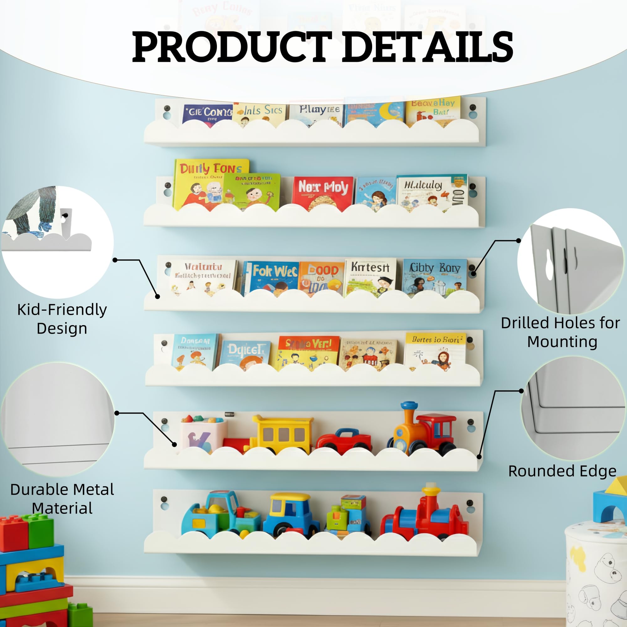 FESTLOVE Nursery Book Shelves Set of 6, White Metal Floating Shelves for Wall, 16 Inch Scalloped Book Shelf for Kids Room, Bathroom, Bedroom, Playroom Wall Decor & Storage