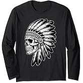 Skull Indian Headdress Shirt Indian Skull Chief for Men Long Sleeve T-Shirt
