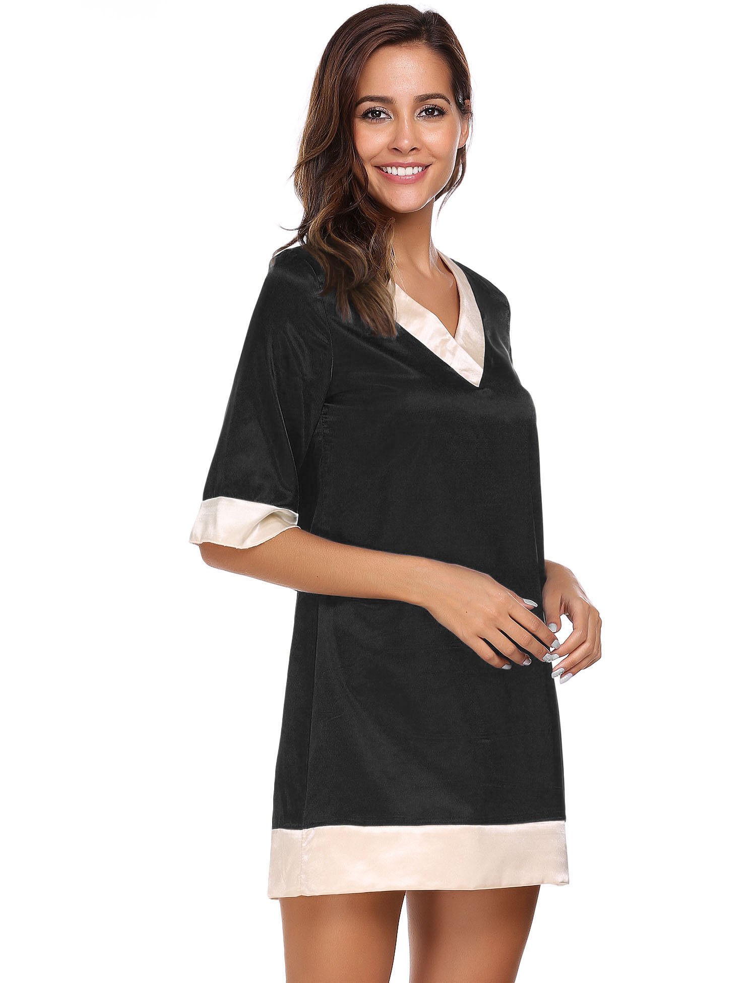Avidlove Womens V Neck Satin Sleepwear Short Sleeve Color Block Nightgown Sleep Dress