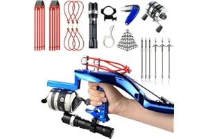 SQLWYLAT Slingshot, Professional Fishing Slingshot Kit with Reel Fish Dart Finger and 6 Fishing Darts, Dual Purpose Slingshot for Hunting with Flashlight and Strong Magnetic