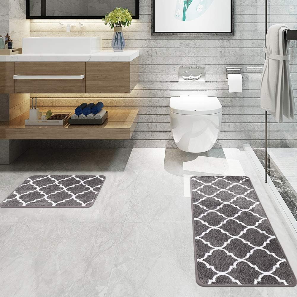 Carvapet 2 Pieces Microfiber Moroccan Trellis Non-Slip Soft Kitchen Mat Bath Rug Doormat Runner Carpet Set, 17"x48"+17"x24", Grey: Home & Kitchen